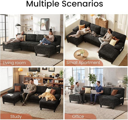 KKL U-Shaped Sectional Couch for Living Room, 112" Sectional Sofa with Double Chaise, Modern Sofa Deep Seat Couches for Living Room, Apartment, Office, Black
