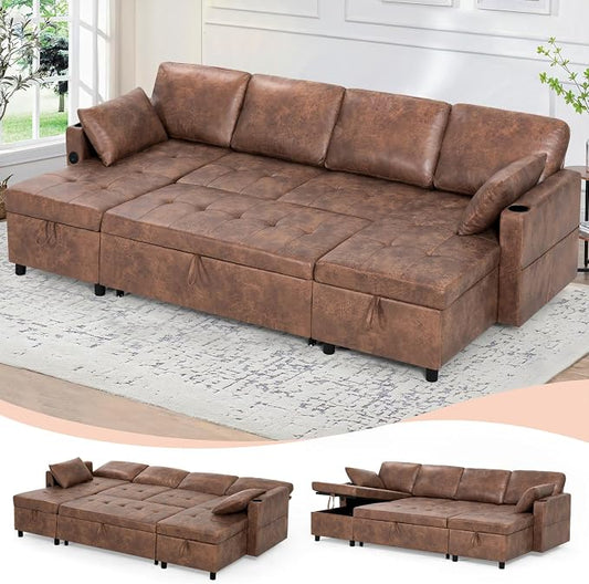 110 inches Suede Leather Sleeper Sofa w/Pull Out Bed, U-Shape Sectional Sofa Bed w/Adjustable Backrest and Storage Chaises, 4-Seats Upholstered Sofa Bed w/USB Port for Living Room, Brown