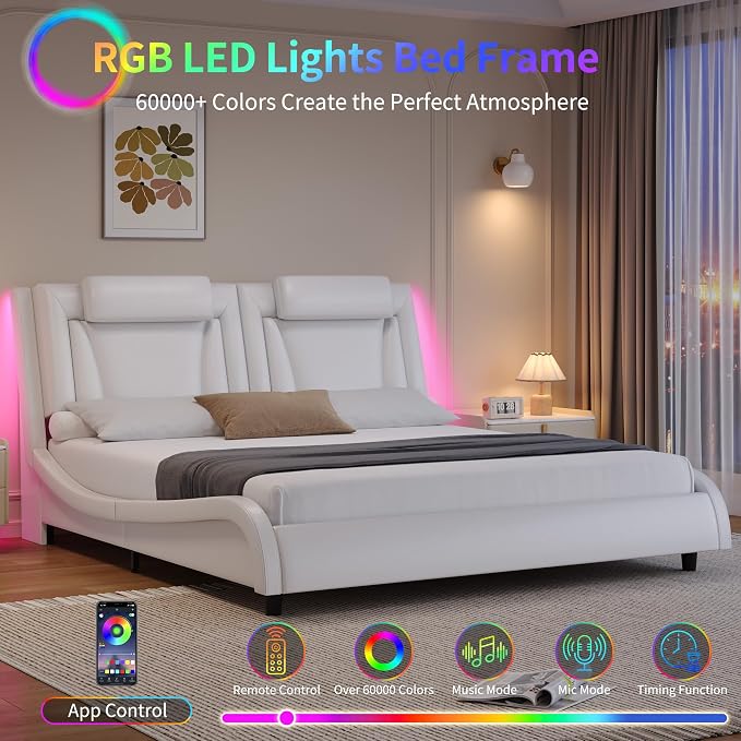 Keyluv King Size LED Bed Frame with Adjustable Headboard & Wave-Like Curve Safety Design, PU Leather Upholstered Platform Bed, Solid Wooden Slats Support, Easy Assembly, White