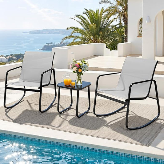 DWVO 3 Piece Patio Furniture Set, Durable Textilene Patio Set with Rocking Chairs Set of 2 & Tempered Glass Table for Garden, Balcony & Poolside, Grey