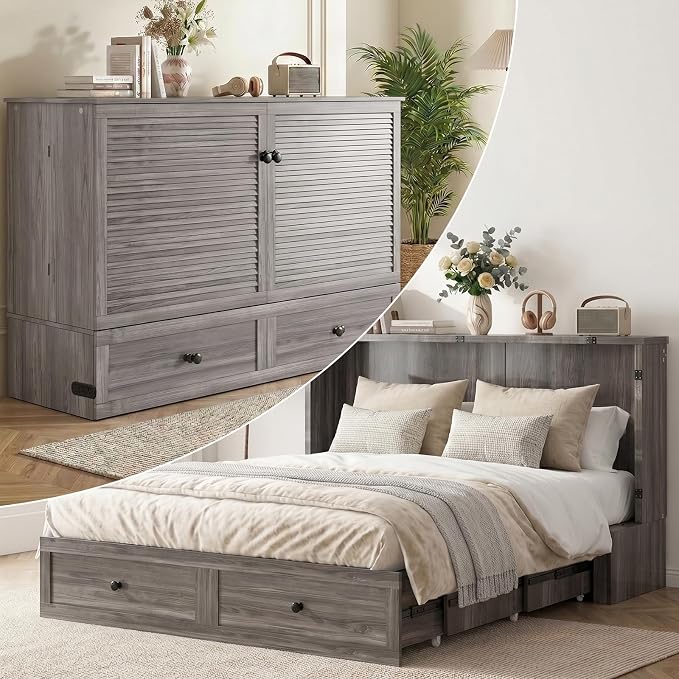 Mjkone 63" W Queen Size Murphy Bed Cabinet with Mattress Include, Modern Guest Cabinet Beds with USB Charging Station, Chest Cabinets Bed with Storage Drawer for Bedroom Home Office, Grey