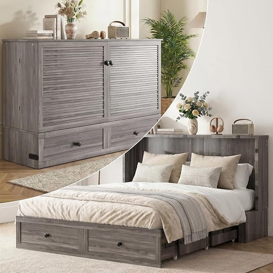 Mjkone 63" W Queen Size Murphy Bed Cabinet with Mattress Include, Modern Guest Cabinet Beds with USB Charging Station, Chest Cabinets Bed with Storage Drawer for Bedroom Home Office, Grey