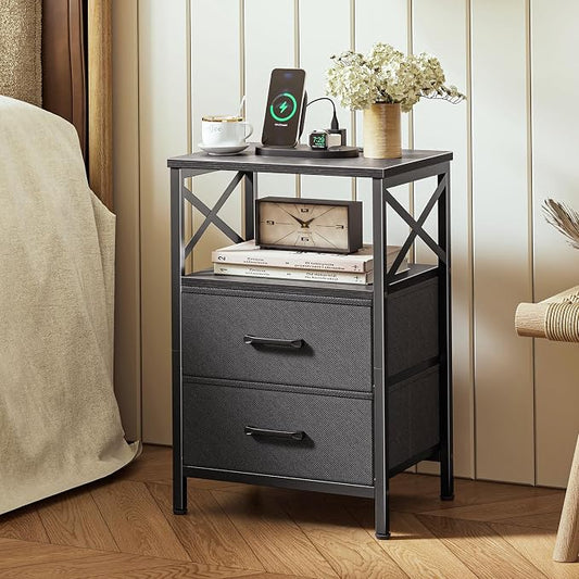Huuger Nightstands Set of 2, Night Stand with Charger Station, 2 Drawer Side Table with Open Shelf, USB-C Port, End Table for Small Spaces, X Shaped Side Rail, Black