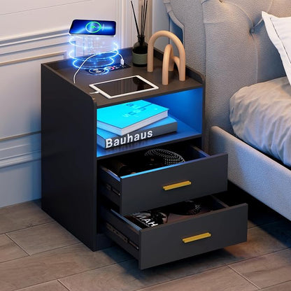 dnbss Black LED Nightstand with Charging Station, Modern Night Stands with 24-Color RGB LED Lights, Smart Lighted Black Bedside Table with 2 Drawers for Bedroom