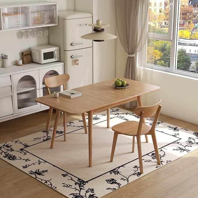 47’’-63’’ 100% Oak Extendable Dining Table and Chairs Set for 2, Solid Wood Folding Kitchen Table, Mid Century Modern Dinner Table for Kitchen, Apartment, Living Room (47''-63''+2 Chairs)