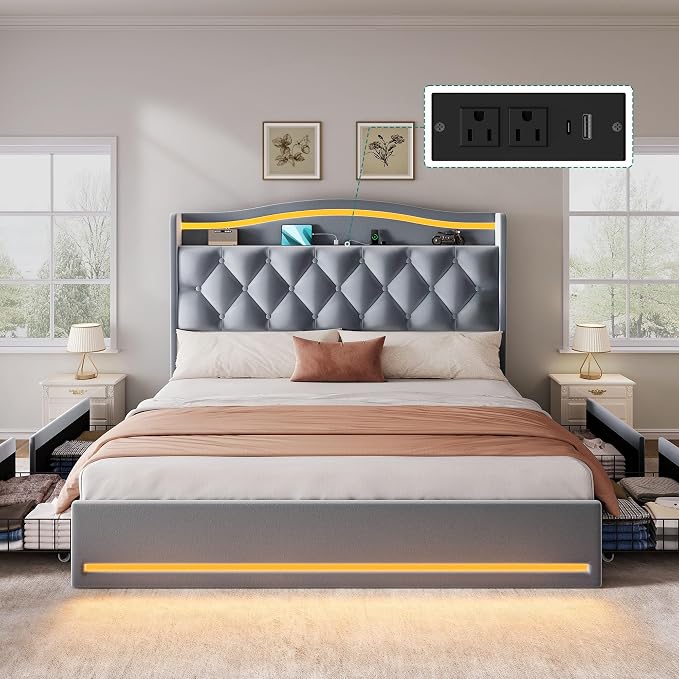DWVO Queen Size Bed Frame with 4 Storage Drawers and RGB LED Lights, 57'' Tall Headboard Velvet Upholstered Bed with Charging Station, No Box Spring Needed, Easy Assembly, Noise-Free, Grey