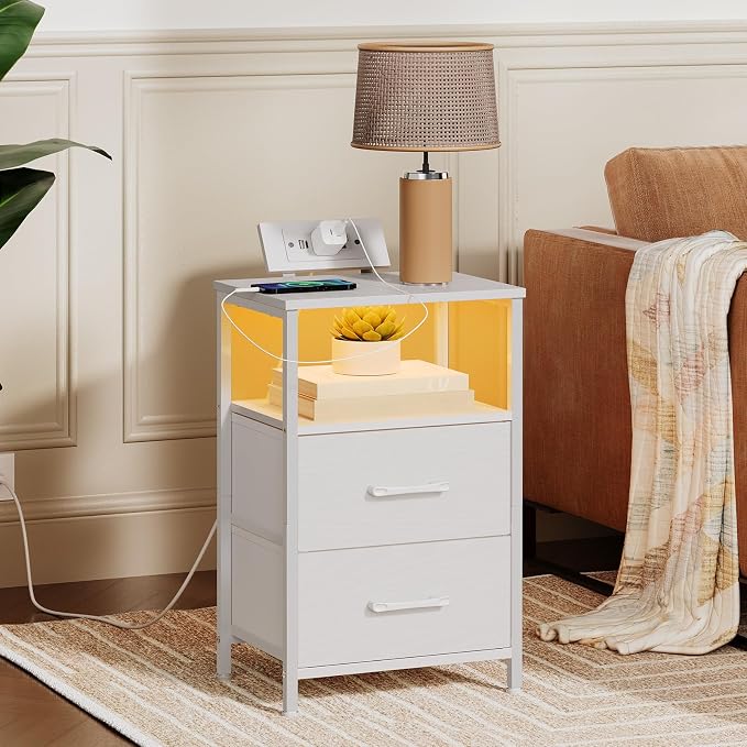 HOOBRO Nightstand with Charging Station, Bedside Table with LED Lights and 2 Fabric Drawers, End Table with 2 AC Outlets and USB Port, Small Night Stand for Bedroom, White WT118UDBZ01