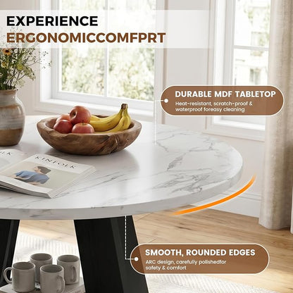 47.3 Inch Round Dining Table Set for 4, Round Kitchen Table with Chairs, Space Saving Dining Room Table set with Storage Shelf for Apartment Kitchen Dining Room, Faux Marble Table+4 Brown Chairs