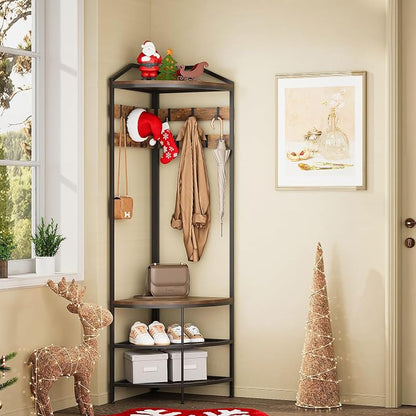 GiftGo Corner Hall Tree with Shoe Bench Entryway Coat Rack with 10 Metal Movable Hooks Floor Standing Clothes Rack Shoes Shelf Organizer for Home Office Bedroom (Rustic Brown)