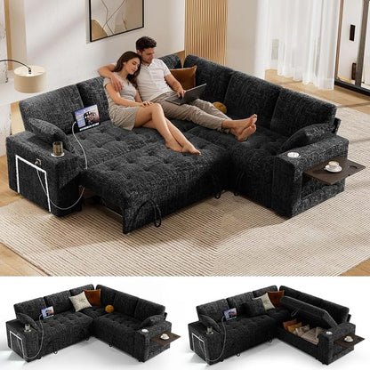 Vipbear 86" Modular Sectional Sleeper Sofa with Pull Out Bed, 5 Seat Chenille L Shaped Couch with USB Ports|Cup Holders|Side Table|Storage Loveseat, Tool Free Assembly, Black
