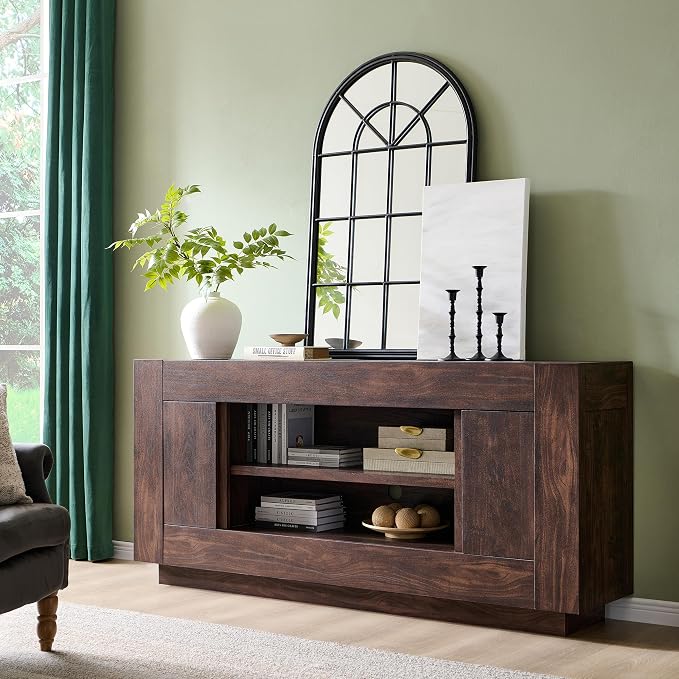 OKD Modern 70" TV Stand, Entertainment Center for TVs Up to 80", Media Console with Large Open Storage & Side Cabinets, Thick Wood Design for Living Room, Dark Walnut