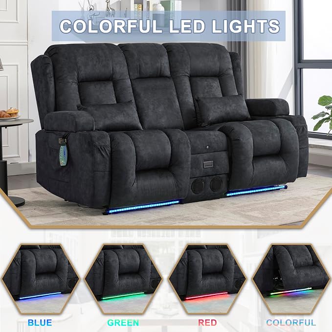 URRED Power Loveseat Recliner Sofa with Massage and Heat, Wall Hugger Reclining Loveseat with Console, RV Couch Home Theater Seating with LED Lights for Living Room (Dark Grey, 67" - 2 Seats)