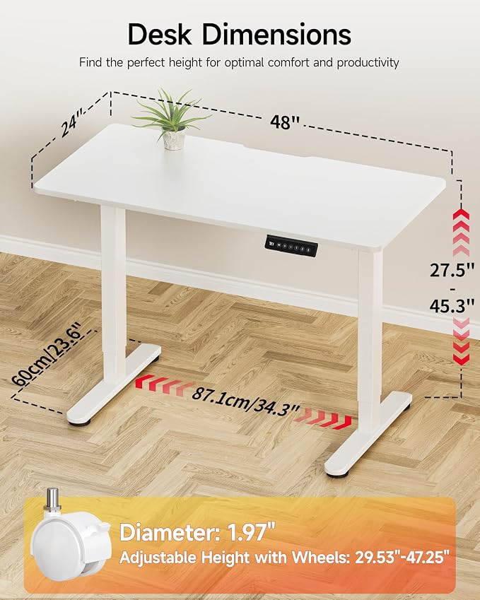 Okin Standing Desk Electric Adjustable Computer Whole Piece Stand up Desk with Wheels Office Gaming Home Office Memory Desks 48x24 inches White
