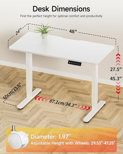 Okin Standing Desk Electric Adjustable Computer Whole Piece Stand up Desk with Wheels Office Gaming Home Office Memory Desks 48x24 inches White