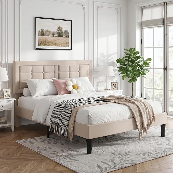 VECELO Full Size Bed Frame, Adjustable Upholstered Button Tufted Headboard, Heavy-Duty Bedframe with Wood Slats Support, No Box Spring Needed, Beige