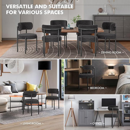 PatioPerk Boucle Dining Chairs Set of 2, Black Mid Century Morden Chair with Curved Backrest, Round Upholstered Sherpa with Metal Legs, Suitable for Various Kitchen Styles