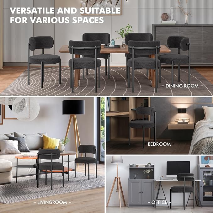 PatioPerk Boucle Dining Chairs Set of 4, Black Mid Century Morden Dining Chairs with Curved Backrest, Round Upholstered Sherpa Living Room Kitchen Dining Room Chiars with Metal Legs