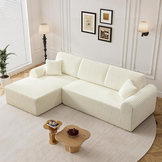 110" L Shaped Boneless Sectional Couches for Living Room, Comfy Corduroy Floor Cloud Sofa with Chaise, Wide Armrest, Deep Seat, Memory Foam, Assembly Free, Ideal for Small Spaces, Beige
