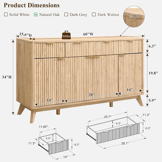 T4TREAM 60 Inch Fluted Buffet Sideboard Cabinet, Natural Oak | Modern Coffee Bar Storage Cabinet With 3 Drawers, for Dining Room, Living Room, Hallway, Oak Wood Grain, Adjustable shelves