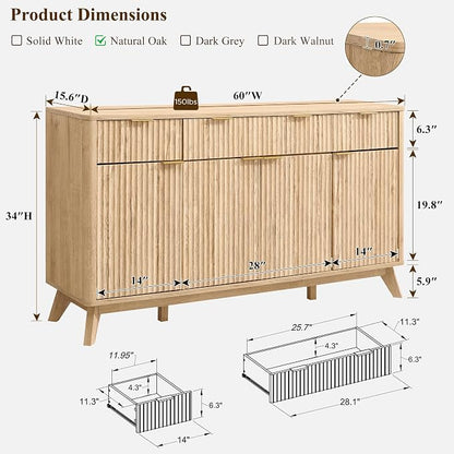 T4TREAM 60 Inch Fluted Buffet Sideboard Cabinet, Natural Oak | Modern Coffee Bar Storage Cabinet With 3 Drawers, for Dining Room, Living Room, Hallway, Oak Wood Grain, Adjustable shelves