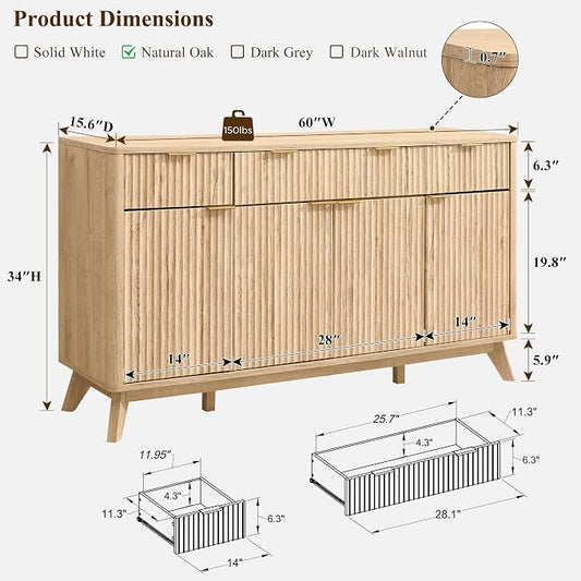 T4TREAM 60 Inch Fluted Buffet Sideboard Cabinet, Natural Oak | Modern Coffee Bar Storage Cabinet With 3 Drawers, for Dining Room, Living Room, Hallway, Oak Wood Grain, Adjustable shelves
