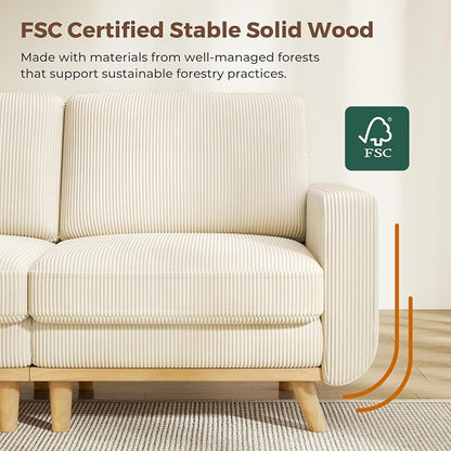 L-Shaped Sectional Sofa, 3-Seater Convertible Couch with Ottoman, FSC Certified Solid Wood Frame, Spring Cushions, Curved Armrests, Comfort Corduroy Sofa for Living Room, Apartment, Office, Beige