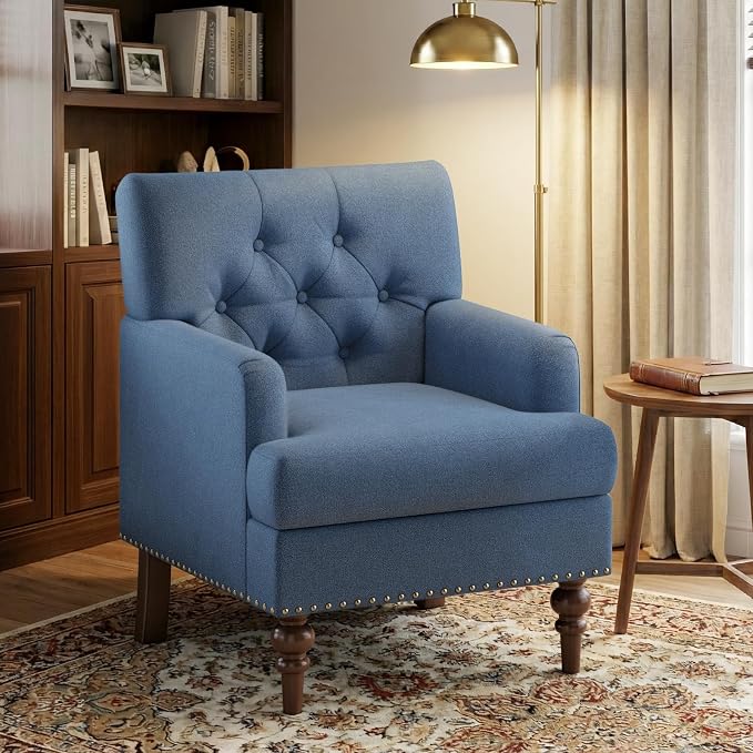 MALOL Upholstered Accent Chair, Comfy Reading Chair for Living Room, Mid Century Modern Armchair with Thick Cushion & Solid Rubberwood Legs, for Bedroom/Small Spaces, Blue
