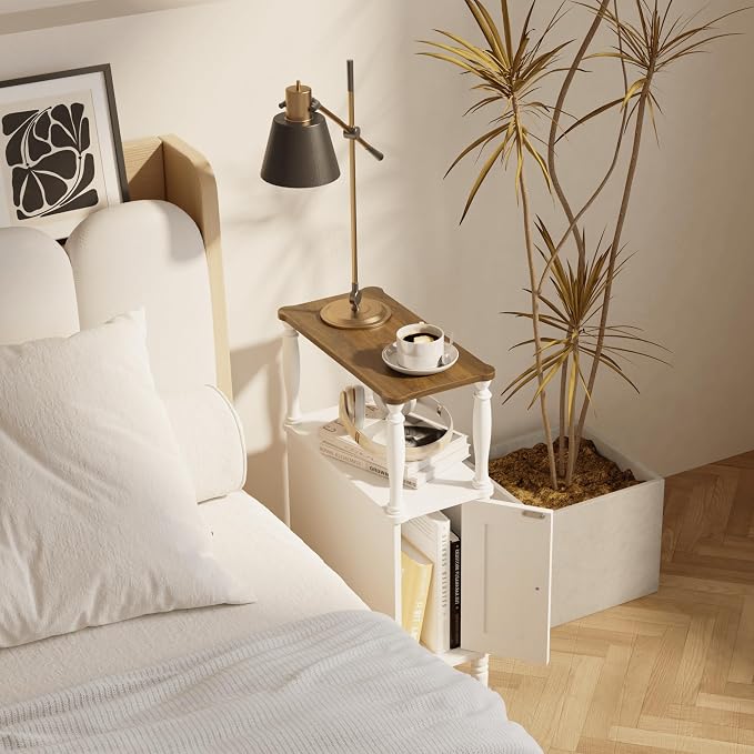 Veegle Narrow Nightstand, Skinny End Side Table(White) | Mid-Century Modern Nightstand with Storage,bedside table for Bedroom and Living Room