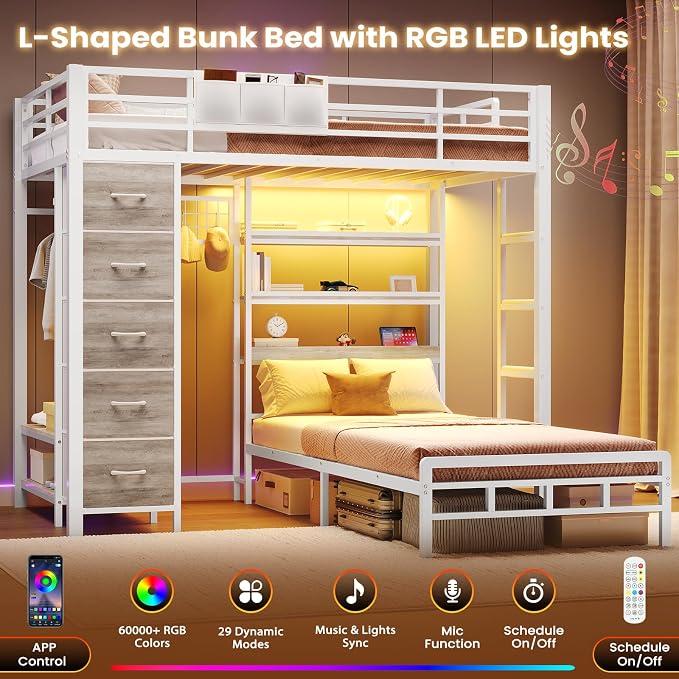 VIAGDO Bunk Bed Twin Over Twin with 5 Storage Drawers, Twin Bunk Beds with Charging Station and Lights, L-Shaped Metal Bunk Bed with Shelves, Bedside Pocket, Guardrail & Ladder for Kids, Teens, White