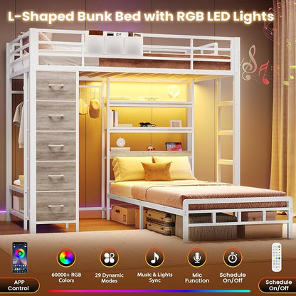 VIAGDO Bunk Bed Twin Over Twin with 5 Storage Drawers, Twin Bunk Beds with Charging Station and Lights, L-Shaped Metal Bunk Bed with Shelves, Bedside Pocket, Guardrail & Ladder for Kids, Teens, White