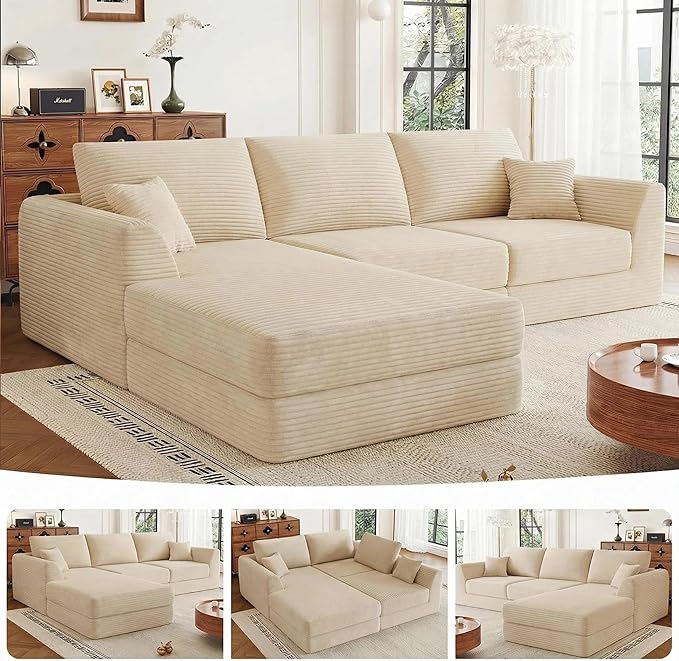106" Modular Sectional Sofa with Deep Seat, L-Shaped Corduroy Couch with Reversible Chaise, 3-Piece Set for Living Room Bedroom Apartment, No Assembly Required | Modular Design
