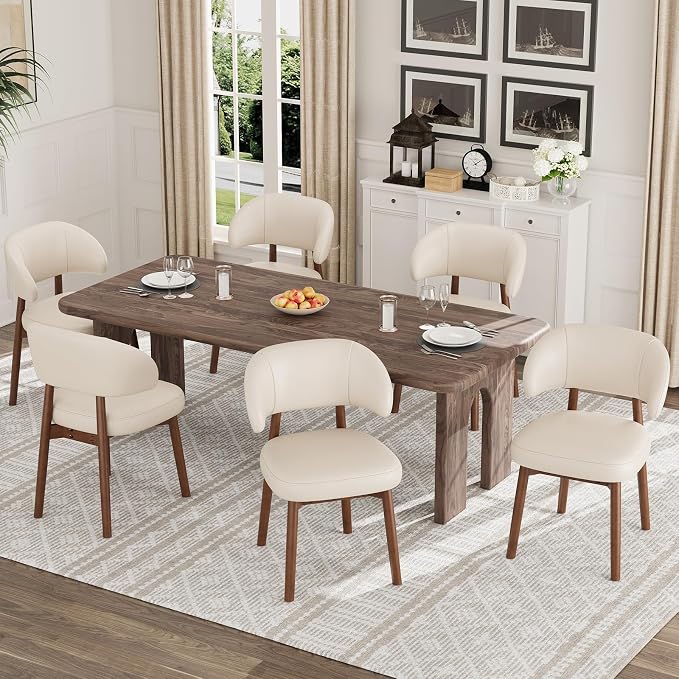 MALOL Wooden Dining Chairs Set of 6, Modern Upholstered Dining Room Chair, PU Leather Kitchen Side Chairs with Curved Open Back for Living Room/Restaurant/Cafe, Beige