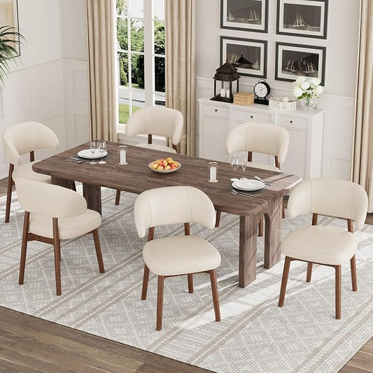 MALOL Wooden Dining Chairs Set of 6, Modern Upholstered Dining Room Chair, PU Leather Kitchen Side Chairs with Curved Open Back for Living Room/Restaurant/Cafe, Beige