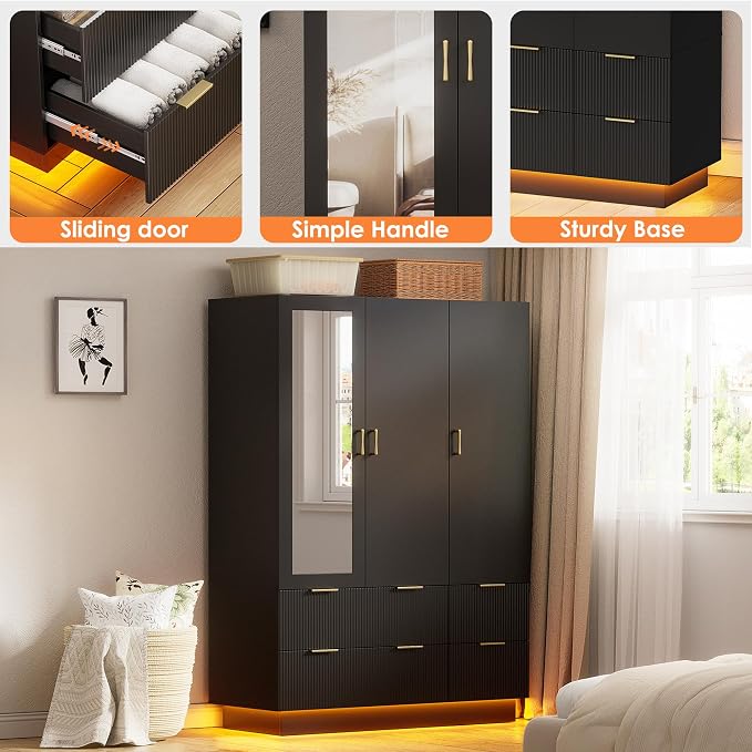 PAKASEPT Large Wardrobe Closet, 3 Door Armoire Closet | Mirror and LED Lights, Hanging Rod, Drawers, Armoires and Wardrobes for Bedroom