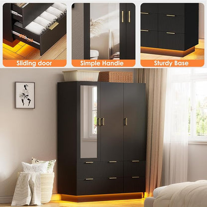 PAKASEPT Large Wardrobe Closet, 3 Door Armoire Closet | Mirror and LED Lights, Hanging Rod, Drawers, Armoires and Wardrobes for Bedroom