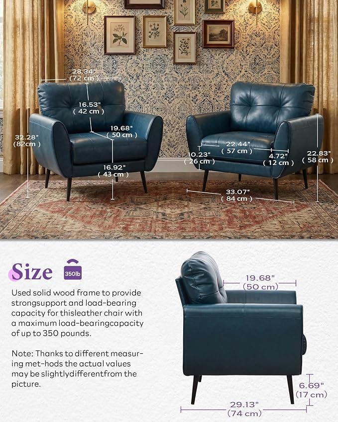 TYBOATLE Accent Chair, Comfy Modern Living Room Blue Leather Reading Accent Chairs Tufted Mid Century Arm Chair Small Salon Chair for Office Bedroom (1, Blue)