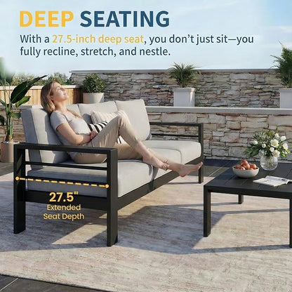 Solaste Aluminum Patio Furniture Set for All Weather, Oversized Metal Outdoor Furniture Set with 27.5" Deep Seating and 3.2" Wide Armrest, Outdoor Patio Sofa with 10" Back Suport Cushion