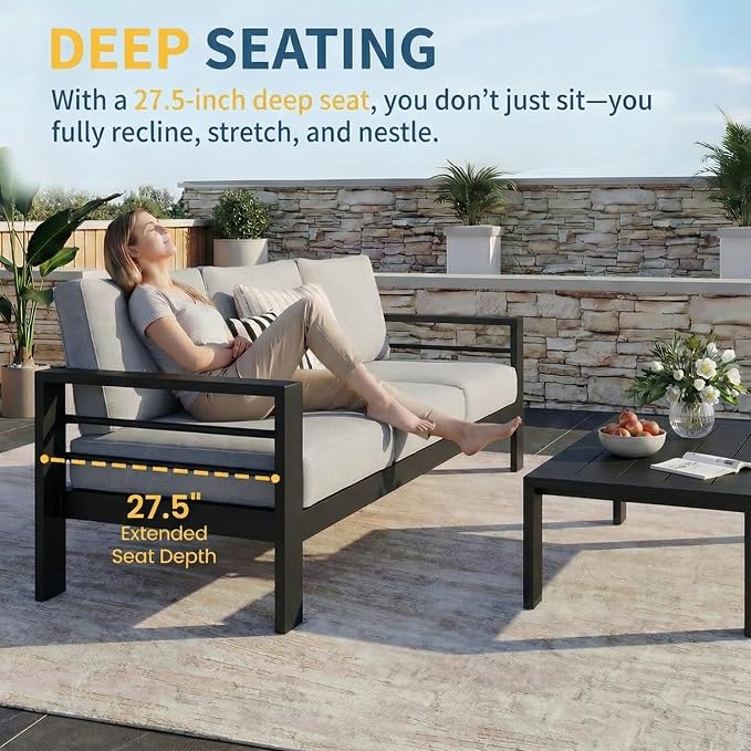 Solaste Aluminum Patio Furniture Set for All Weather, Oversized Metal Outdoor Furniture Set with 27.5" Deep Seating and 3.2" Wide Armrest, Outdoor Patio Sofa with 10" Back Suport Cushion