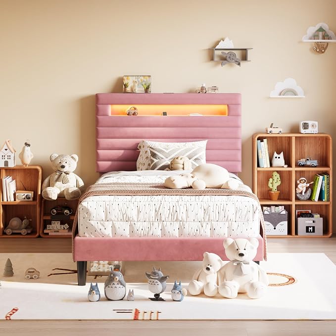 SHA CERLIN Twin Bed Frame with LED Light & 2-Tier Storage Shelf, Velvet Upholstered Adjustable Headboard with Charing Station, Horizontal Channel Tufted, No Box Spring Needed, Easy Assembly, Pink
