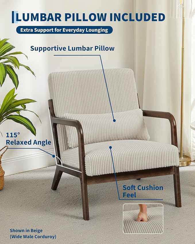 Garvee Mid-Century Accent Chair Set of 2, Cozy Reading Chair, Modern Lounge Armchair with Lumbar Pillow, Sturdy Wood Frame, for Living Room, Bedroom, Office, Beige, Fine Wale Corduroy Upholstery