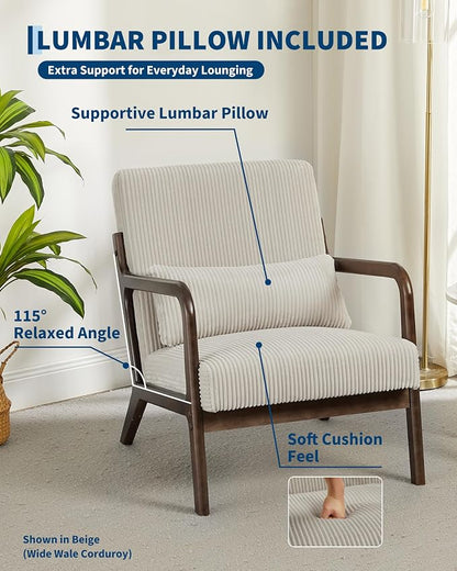 Garvee Mid-Century Accent Chair Set of 2, Cozy Reading Chair, Modern Lounge Armchair with Lumbar Pillow, Sturdy Wood Frame, for Living Room, Bedroom, Office, Beige, Fine Wale Corduroy Upholstery