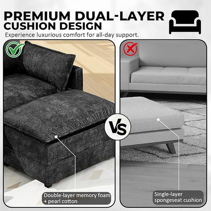 LEVELEVE 147" U-Shape Modular Sofa with 2 Ottomans, Deep Seat Cloud Convertible Sleeper, 2 Arm Pillows, Comfortable Large Upholstered Furniture for Living Room Apartment, Black