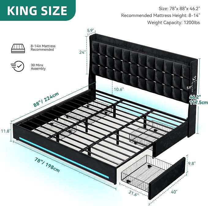 DWVO King Size Bed Frame with 4 Drawers and RGB LED Lights, Velvet Upholstered Platform Bed with Charging Station and Storage Headboard, No Box Spring Needed, Easy Assembly, Noise-Free, Black