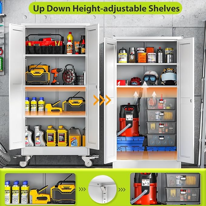 Metal Garage Storage Cabinet with Wheels, Rolling Storage Cabinet with Lock, Steel Cabinets with 2 Doors and 3 Adjustable Shelves for Garage, Home,Office, White