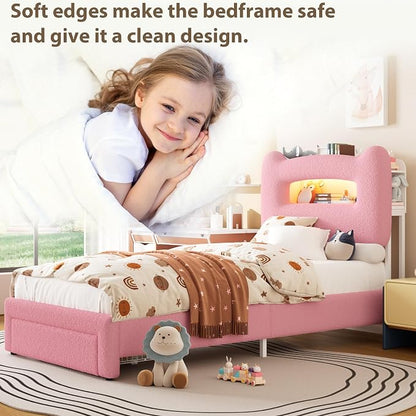 GarveeHome Led Twin Bed Frame for Kids with Drawer, Upholstered Sturdy Platform Bed with Storage Headboard and Charging Station, Noise Free, Easy Assemble, for Girls/Boys, Pink