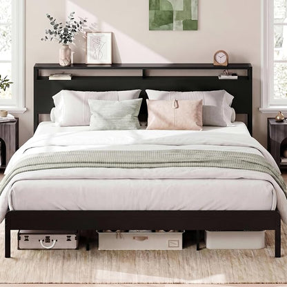 LIKIMIO King Bed Frame with Headboard, Dark Wood Camas King with Strong Supports, Sturdy, Noise-Free, No Box Spring Needed, Classic Black