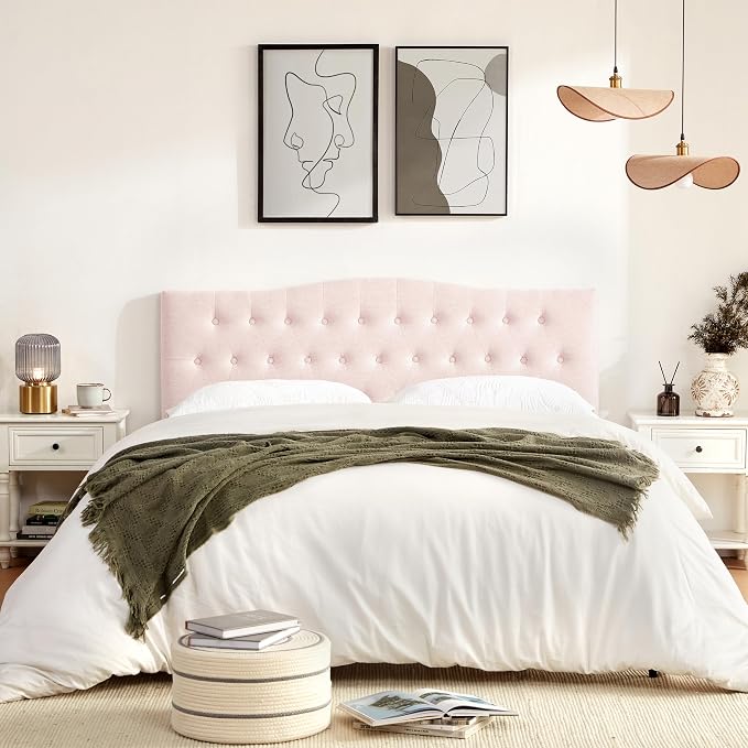 Tufted Headboard California King Size, Sturdy Solid Wood Head Board, Pink | Upholstered California King Headboard with Solid Wood Legs, Adjustable Height 37-51 in, Fabric Button Diamond HeadBoards