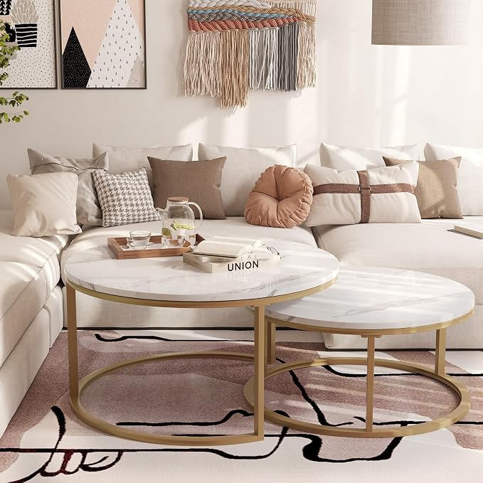 WiberWi Round Coffee Table Nesting Tables Set of 2, Large : Ø 34.0", Small : Ø 26.0", Modern Design Coffee Tables for Living Room, Gold Metal Frame Circle Cocktail Table, High Glossy Faux White Marble