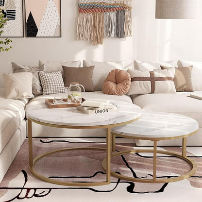 WiberWi Round Coffee Table Nesting Tables Set of 2, Large : Ø 34.0", Small : Ø 26.0", Modern Design Coffee Tables for Living Room, Gold Metal Frame Circle Cocktail Table, High Glossy Faux White Marble