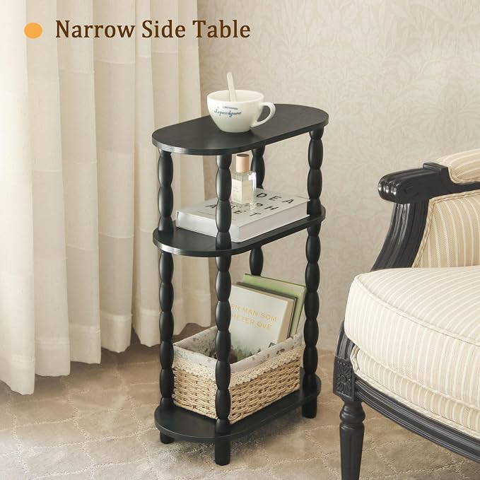 MaxSmeo Small Narrow Side Table, 3-Tier Narrow End Table with Storage, Skinny Side Table Nightstand for Small Spaces, Bedrooms, Living Room (Black)